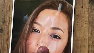 Cumming hard on brunette's face in HD