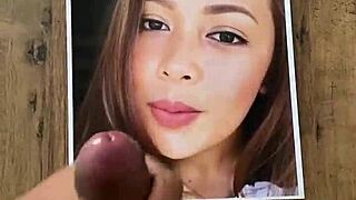 Cumming hard on brunette's face in HD