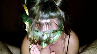 milf in green mask licks and sucks thick cock.