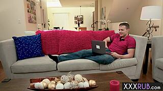 Petite brunette gives massage to husband