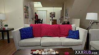 Petite brunette gives massage to husband