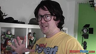 busty amateur sucking nerd's cock in first time blowjob