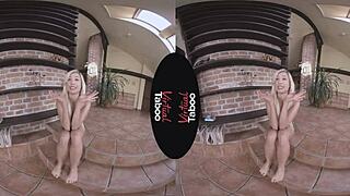 Denim-clad VR model indulges in solo play and intense orgasm