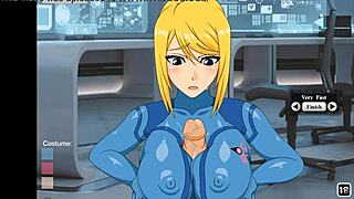 in this anime scene, zero suit samus gets her tits fucked hard