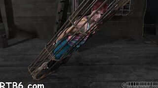 Playgirl hung up and punished in the garage by dominant figures.