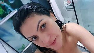 mature latina takes off panties in bath, masturbating with big cock pov 😍