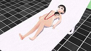 Leo Anime Girl Swims in Micro Bikini with Nip Slip