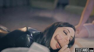 Black latex and white lingerie chicks in group scene.