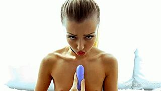 Tiny blonde's solo pleasure with inked charm and toys
