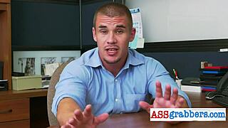 Gay hunk in costume drills his employee hard at the office.