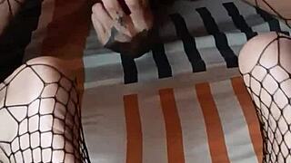 He says, I'm fucking her deliciously and cumming on those dirty feet in fishnets.