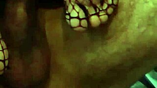 He says, I'm fucking her deliciously and cumming on those dirty feet in fishnets.