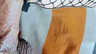 He says, I'm fucking her deliciously and cumming on those dirty feet in fishnets.