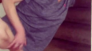 Wife rubbing her shaved pussy on stairs—why so wild today?