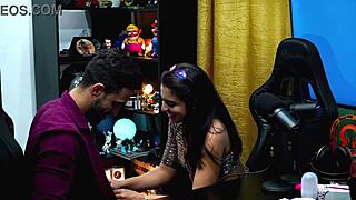 She pulls out her husband's cock during the podcast and sucks it deep