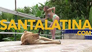 Teen blonde girl is fucking hardcore in the pool with her big tits and ass on display