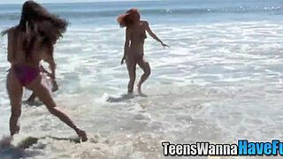 Threeway teen 18+s facialized at a wild party.