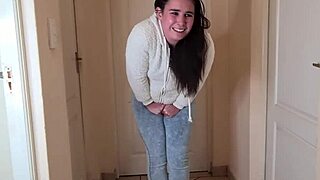 Desperate Teen Pisses in Jeans and Fleece Jacket During Messy Moment. Can't Hold It Anymore!