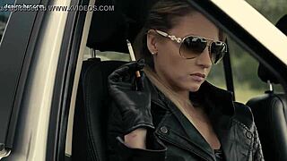 Hell yeah! Leather-clad babe gets wild in the car!