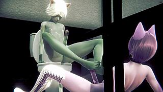 Grey cat boy fucks pink cat boy in public toilet!