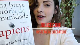 teen with tattoo reads history while squirting from vibrator in pussy