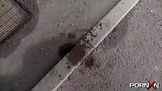 British blonde flashes perky assets in public with daring outdoor pissing