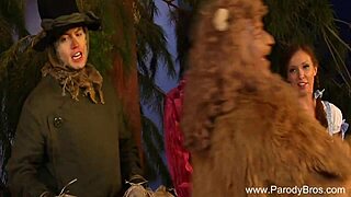 Blonde milf parodies holiday sex with couple, blowjob, handjob, and cumshot