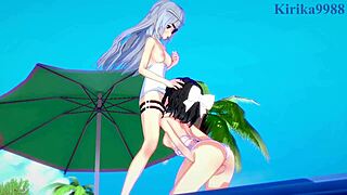 Miku Kohinata and Laura Bodewig in Lesbian Play from Symphogear and Infinite Stratos Hentai