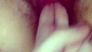 She fingers her pussy while I fill her with gigantic dildo.