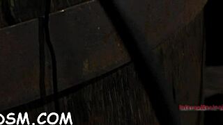 Wow, lovable brunette slave masturbates on huge fake penis with toys!