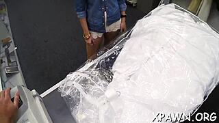 Naked Slut Sucks Monster Cock in Shop Sex