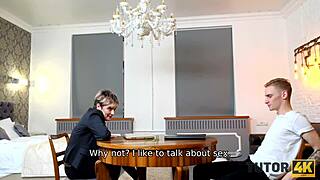 Tutor4k mature teacher seduces young man in class