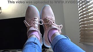 kristy shows off her new sneakers close up 👟