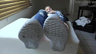 kristy shows off her new sneakers close up 👟