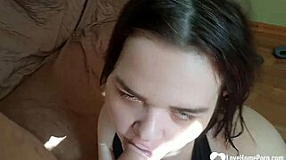 cute tattooed girl in fishnets swallows huge penis whole with horny cumshot