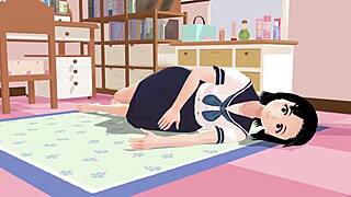 Asian schoolgirl in sailor uniform poses in her room