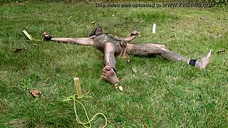 Nuisette007 tied naked outdoors, spread wide