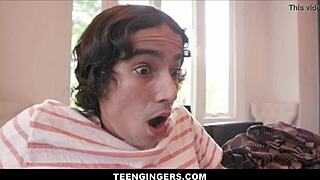 Petite teen redhead Alexa Nova studies with two boys