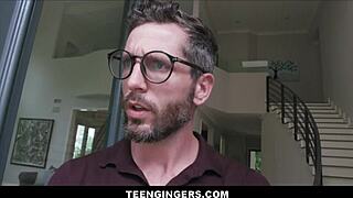 Petite teen redhead Alexa Nova studies with two boys