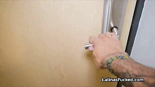 oily latina teen bounces her booty on cock during kitchen interview