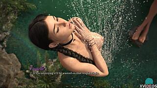 Two Horny Hotties Showering And Kissing In Nature